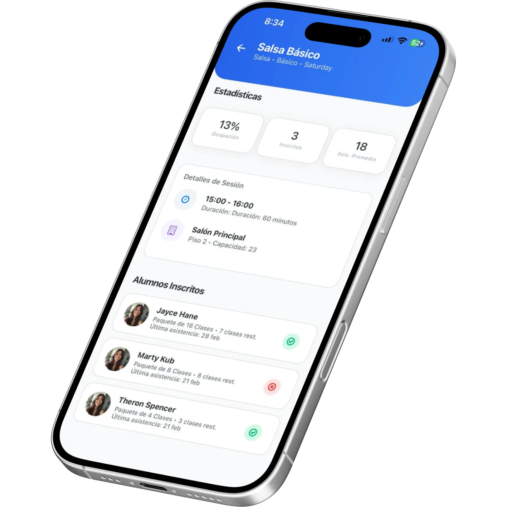 App móvil de Passo con el horario de clases y el progreso del alumno